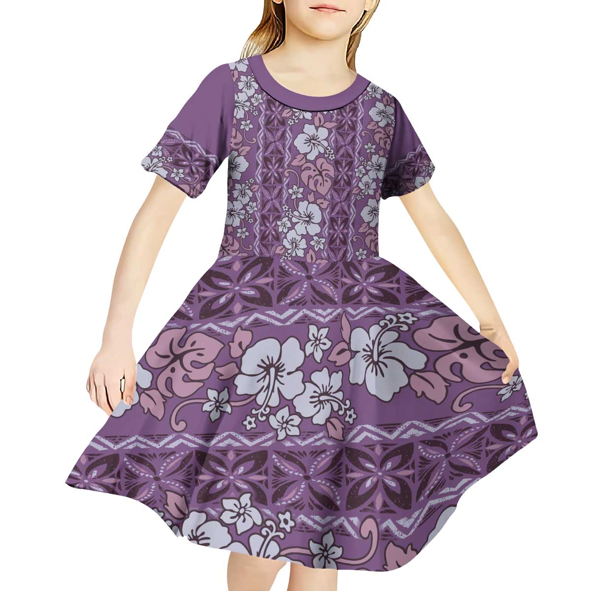 Hawaii Vintage Violet Hibiscus Tapa Pattern Kid Short Sleeve Dress