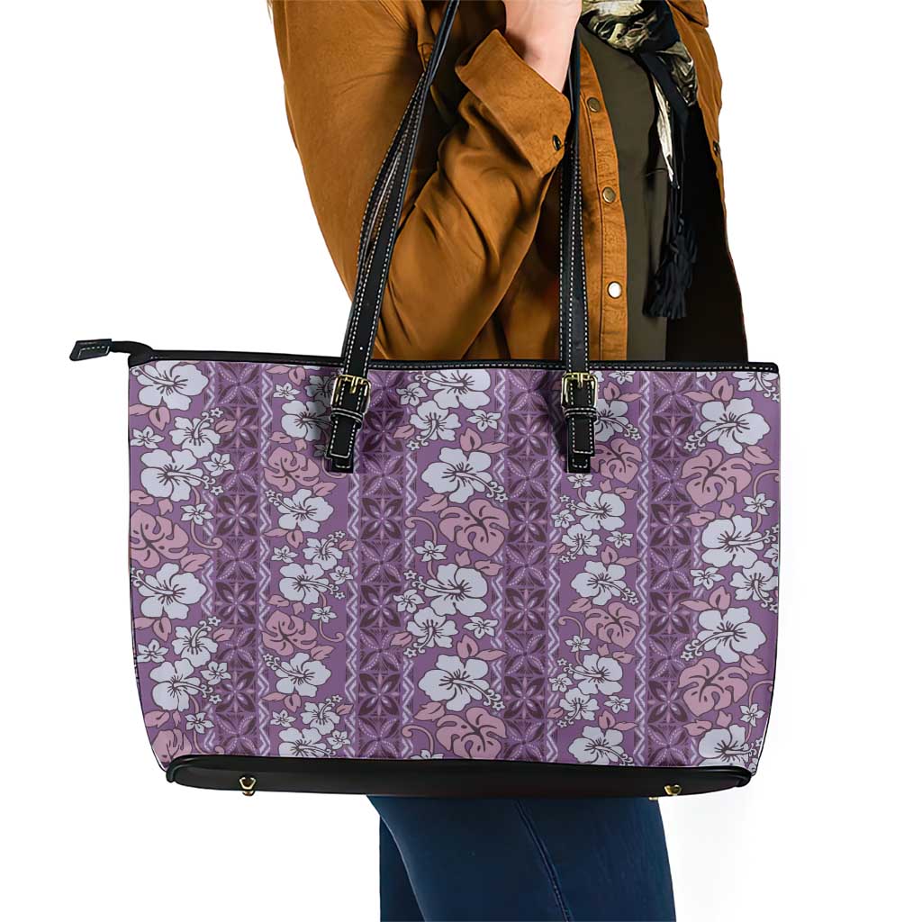 Hawaii Vintage Violet Hibiscus Tapa Pattern Leather Tote Bag