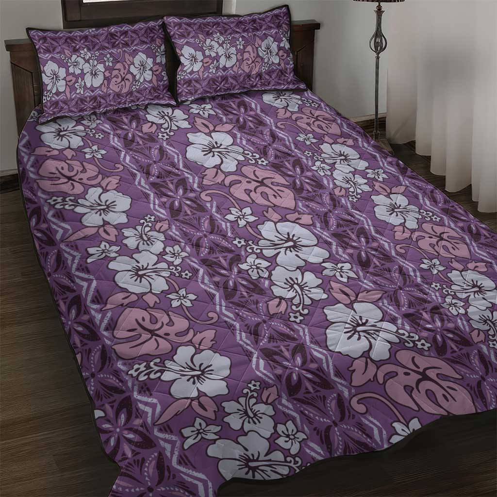 Hawaii Vintage Violet Hibiscus Tapa Pattern Quilt Bed Set