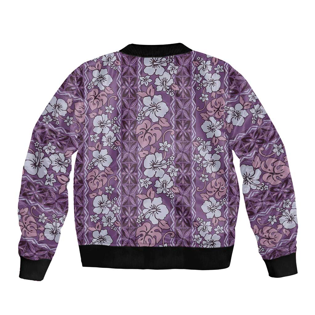 Hawaii Vintage Violet Hibiscus Tapa Pattern Sleeve Zip Bomber Jacket LT05 - Polynesian Pride