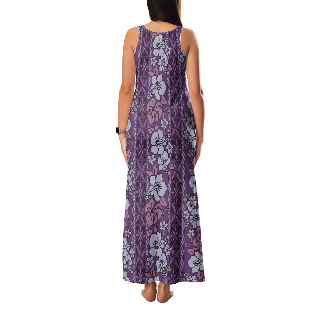 Hawaii Vintage Violet Hibiscus Tapa Pattern Tank Maxi Dress