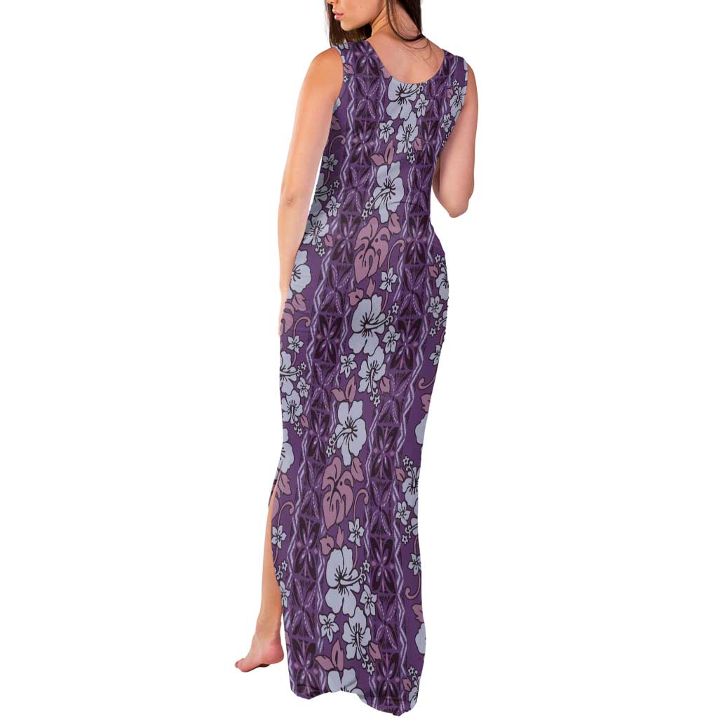 Hawaii Vintage Violet Hibiscus Tapa Pattern Tank Maxi Dress
