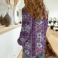 Hawaii Vintage Violet Hibiscus Tapa Pattern Women Casual Shirt