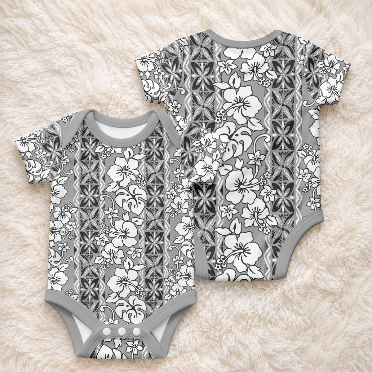 Hawaii Vintage Gray Hibiscus Tapa Pattern Baby Onesie LT05 - Polynesian Pride