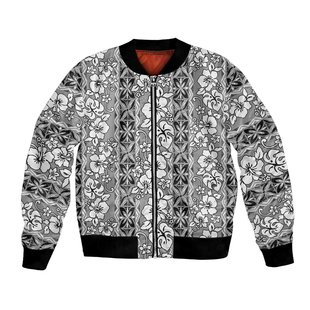 Hawaii Vintage Gray Hibiscus Tapa Pattern Bomber Jacket