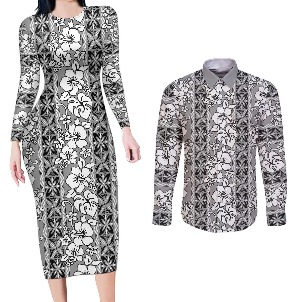 Hawaii Vintage Gray Hibiscus Tapa Pattern Couples Matching Long Sleeve Bodycon Dress and Long Sleeve Button Shirt