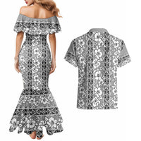 Hawaii Vintage Gray Hibiscus Tapa Pattern Couples Matching Mermaid Dress and Hawaiian Shirt LT05 - Polynesian Pride