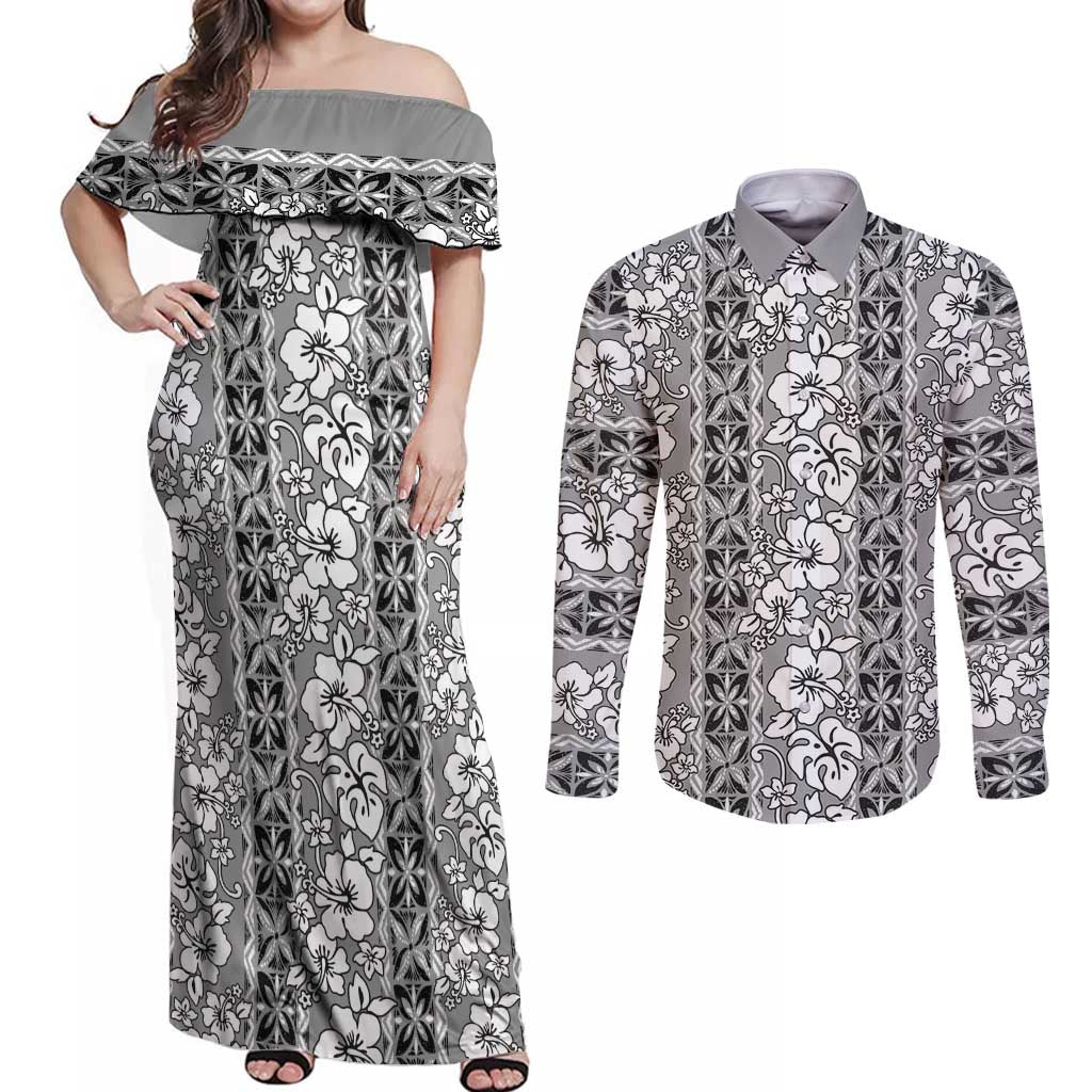 Hawaii Vintage Gray Hibiscus Tapa Pattern Couples Matching Off Shoulder Maxi Dress and Long Sleeve Button Shirt