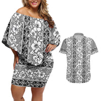 Hawaii Vintage Gray Hibiscus Tapa Pattern Couples Matching Off Shoulder Short Dress and Hawaiian Shirt