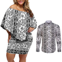 Hawaii Vintage Gray Hibiscus Tapa Pattern Couples Matching Off Shoulder Short Dress and Long Sleeve Button Shirt