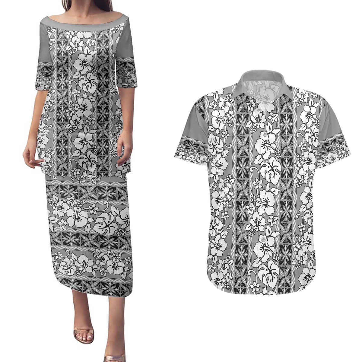 Hawaii Vintage Gray Hibiscus Tapa Pattern Couples Matching Puletasi and Hawaiian Shirt