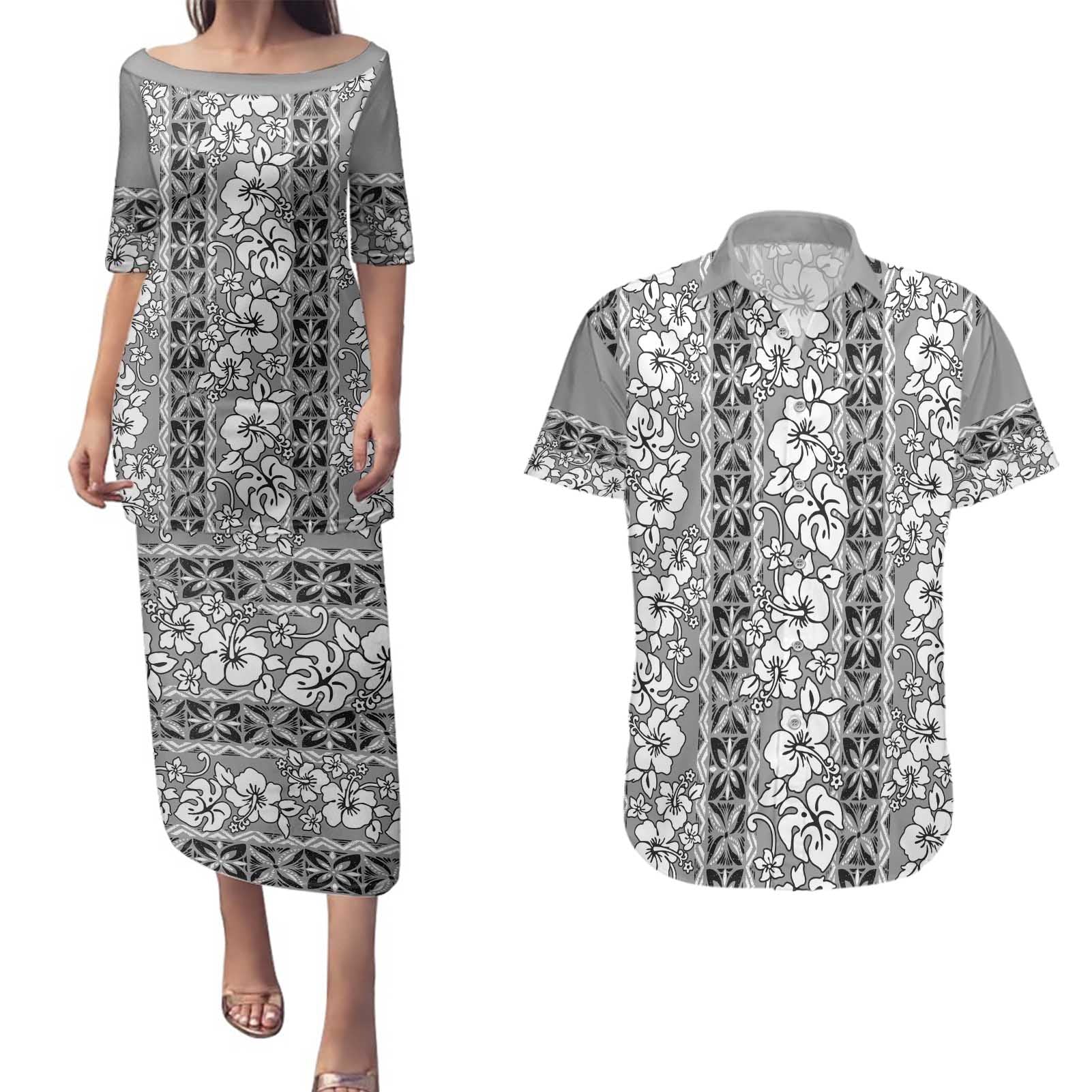 Hawaii Vintage Gray Hibiscus Tapa Pattern Couples Matching Puletasi and Hawaiian Shirt