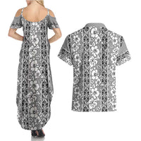 Hawaii Vintage Gray Hibiscus Tapa Pattern Couples Matching Summer Maxi Dress and Hawaiian Shirt