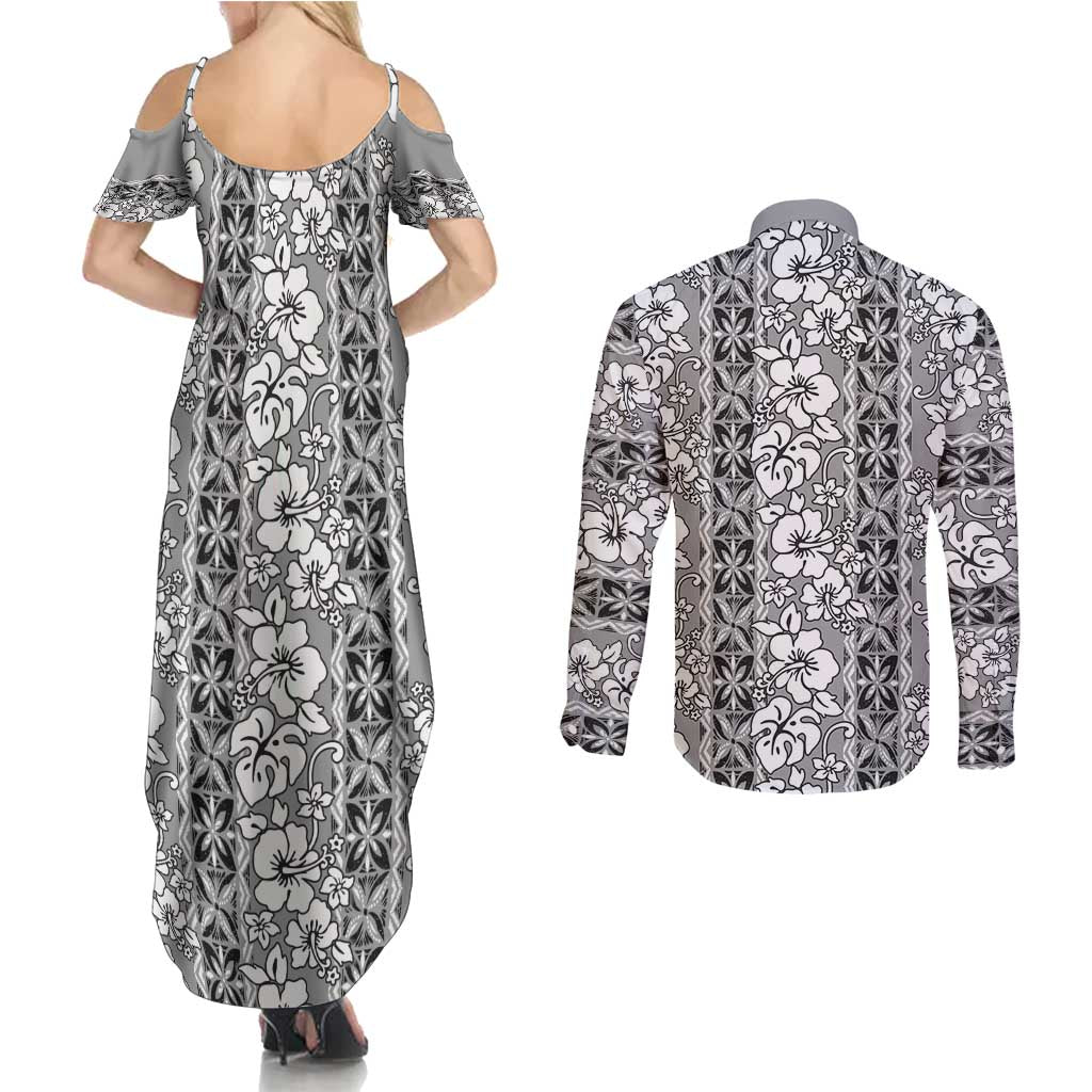 Hawaii Vintage Gray Hibiscus Tapa Pattern Couples Matching Summer Maxi Dress and Long Sleeve Button Shirt