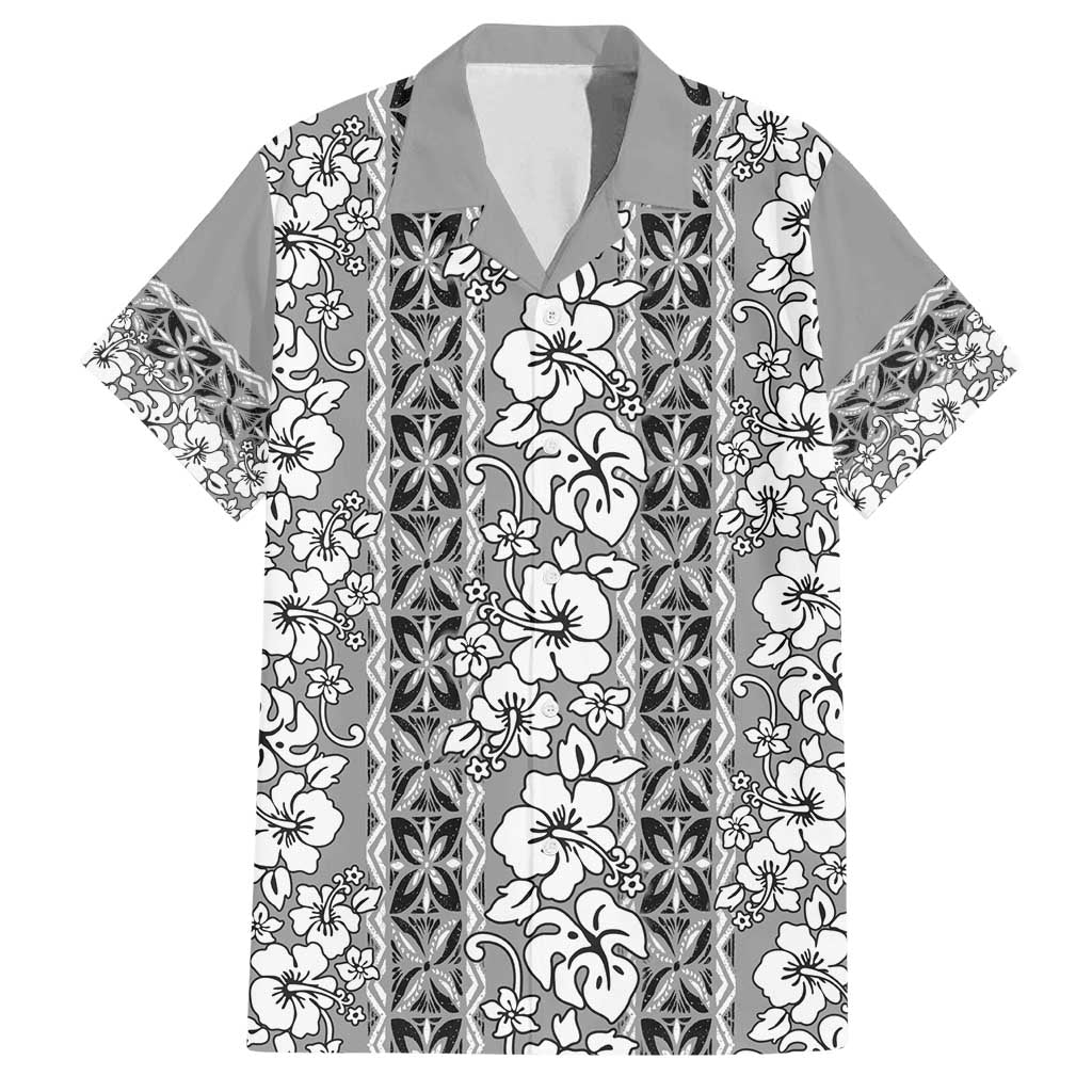 Hawaii Vintage Gray Hibiscus Tapa Pattern Family Matching Off Shoulder Maxi Dress and Hawaiian Shirt