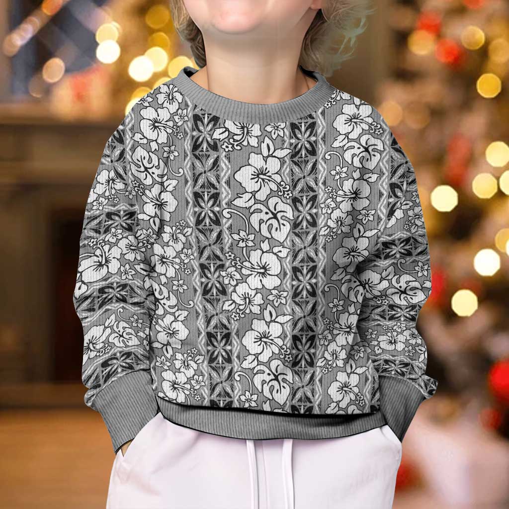 Hawaii Vintage Gray Hibiscus Tapa Pattern Kid Ugly Christmas Sweater