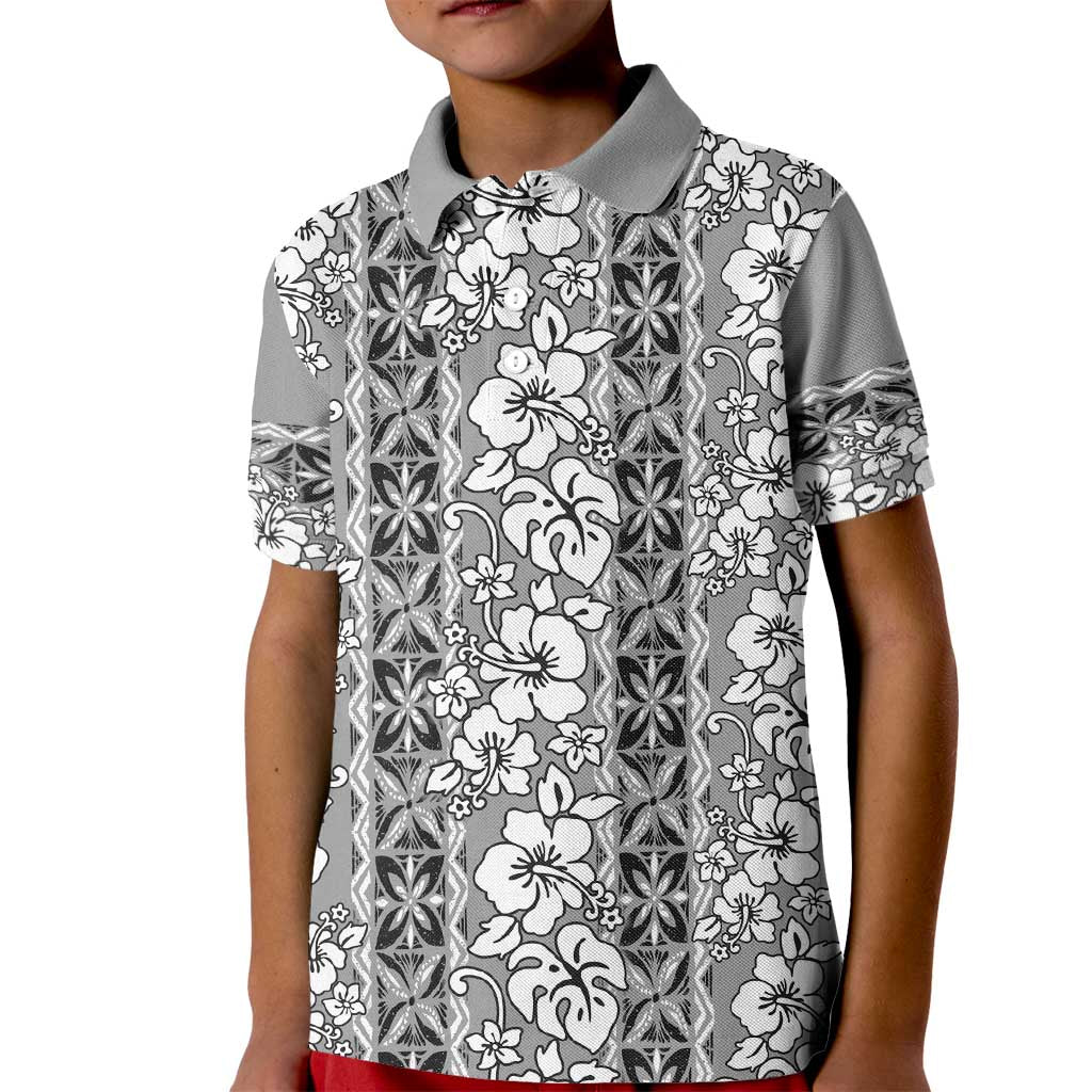 Hawaii Vintage Gray Hibiscus Tapa Pattern Kid Polo Shirt LT05 Kid Gray - Polynesian Pride