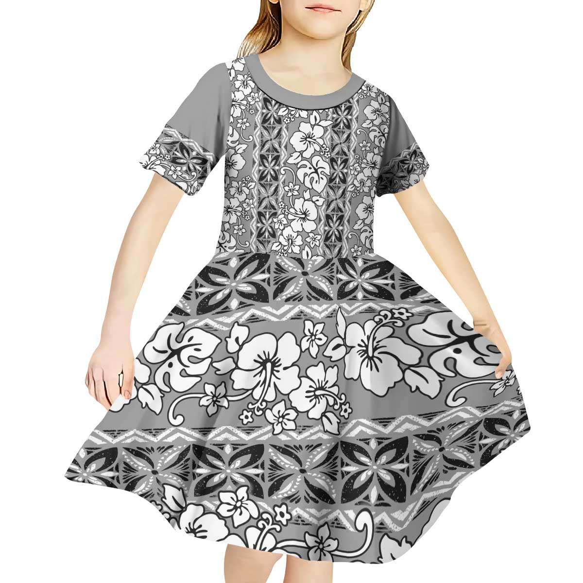 Hawaii Vintage Gray Hibiscus Tapa Pattern Kid Short Sleeve Dress