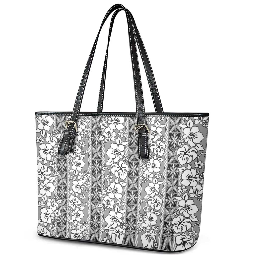 Hawaii Vintage Gray Hibiscus Tapa Pattern Leather Tote Bag