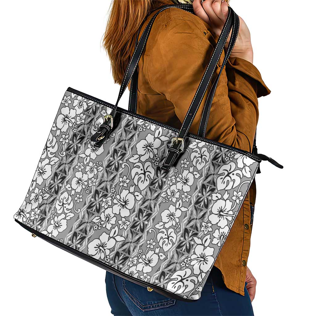 Hawaii Vintage Gray Hibiscus Tapa Pattern Leather Tote Bag