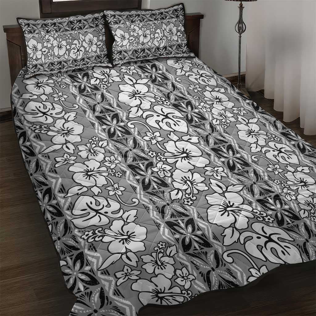 Hawaii Vintage Gray Hibiscus Tapa Pattern Quilt Bed Set