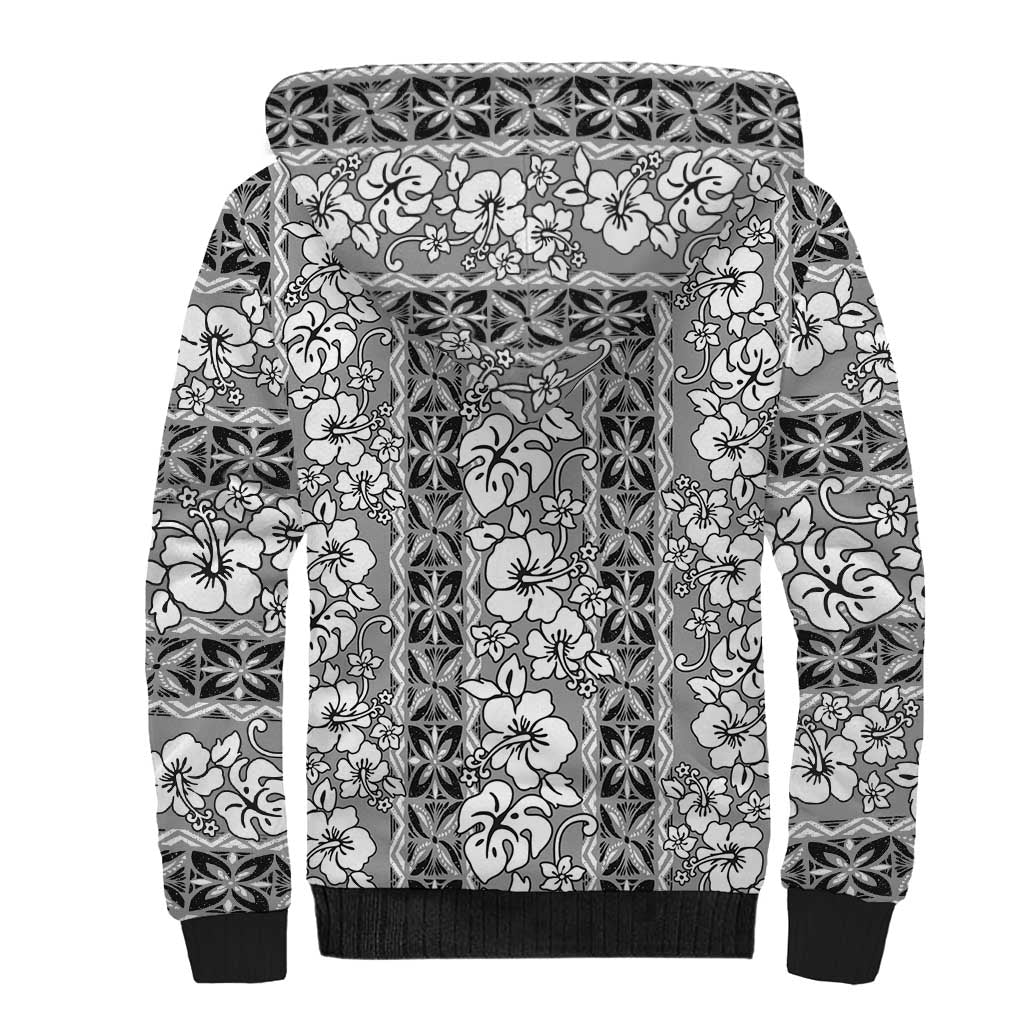 Hawaii Vintage Gray Hibiscus Tapa Pattern Sherpa Hoodie
