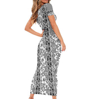 Hawaii Vintage Gray Hibiscus Tapa Pattern Short Sleeve Bodycon Dress