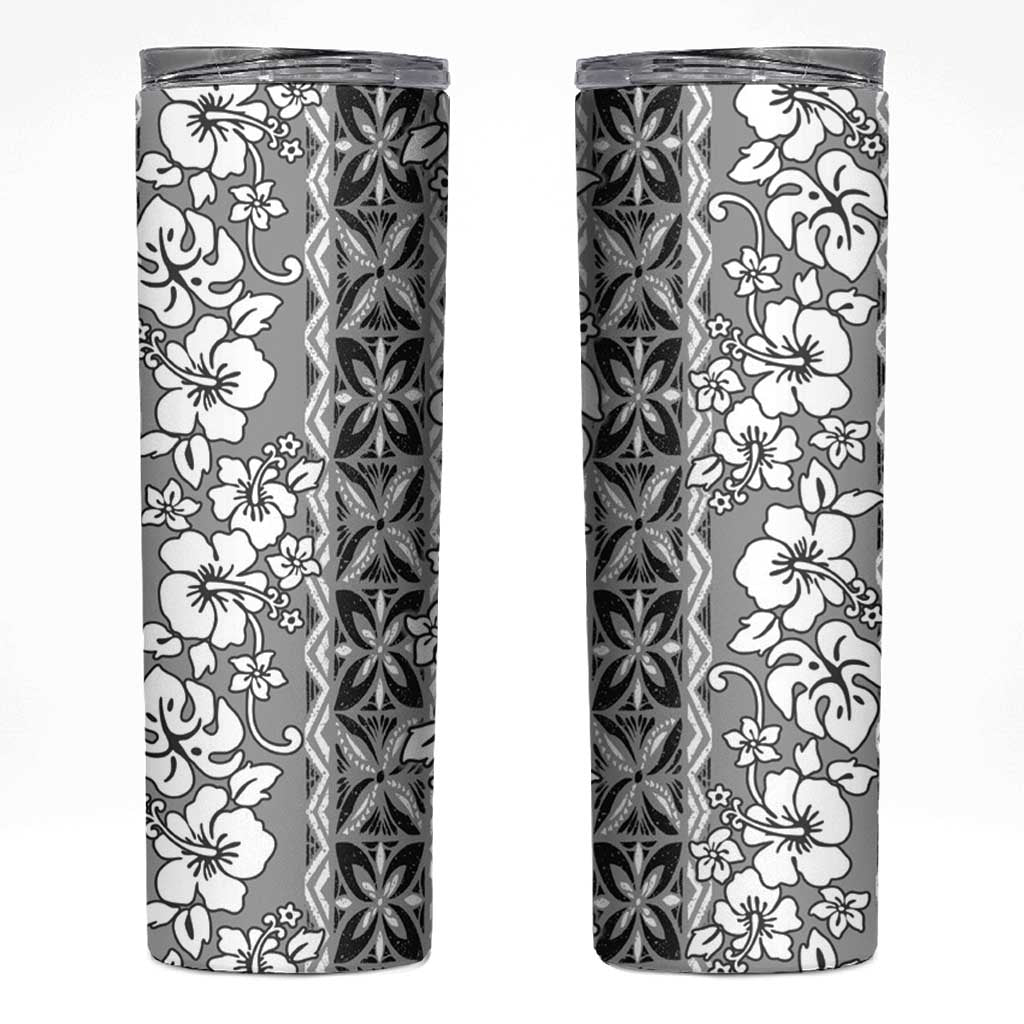 Hawaii Vintage Gray Hibiscus Tapa Pattern Skinny Tumbler