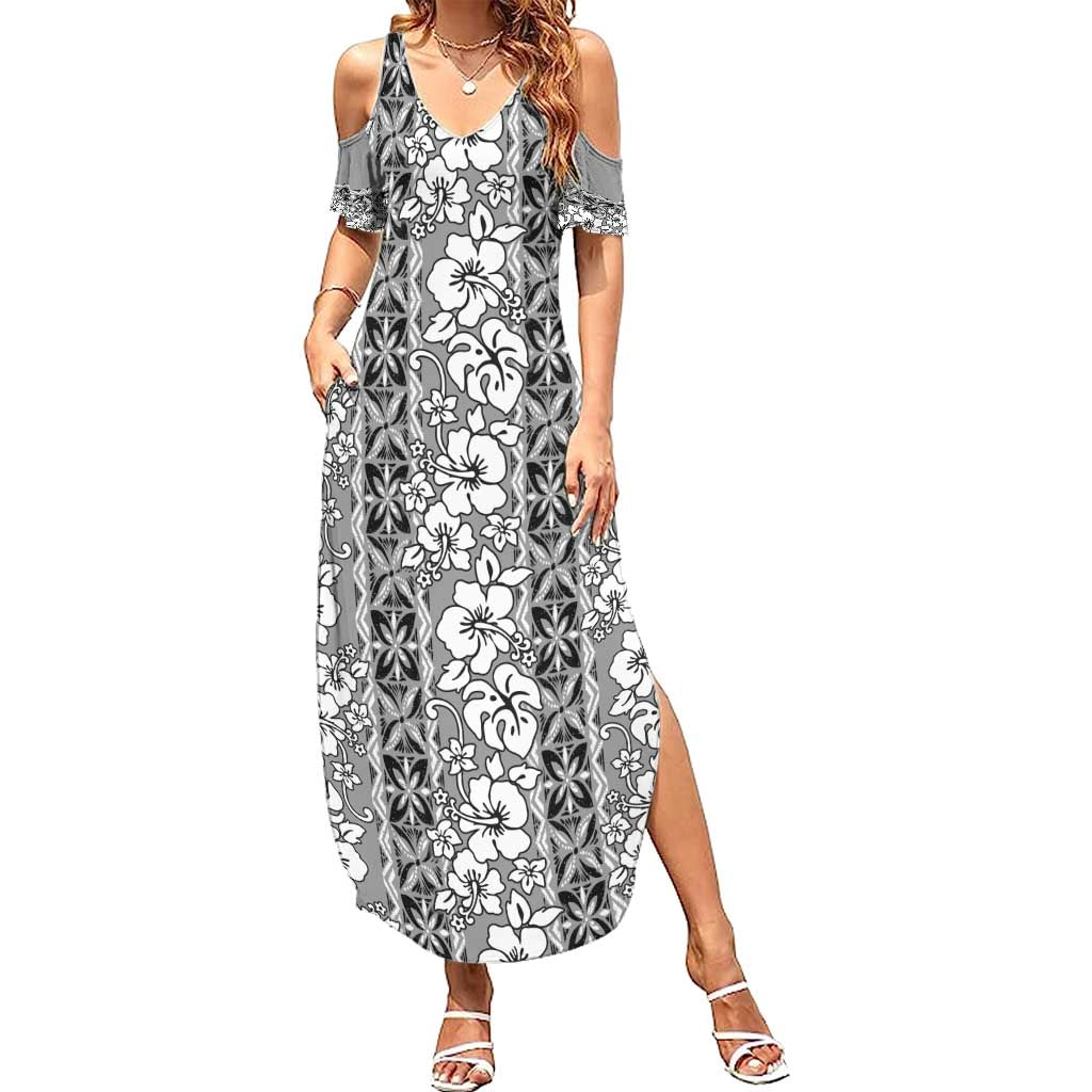 Hawaii Vintage Gray Hibiscus Tapa Pattern Summer Maxi Dress