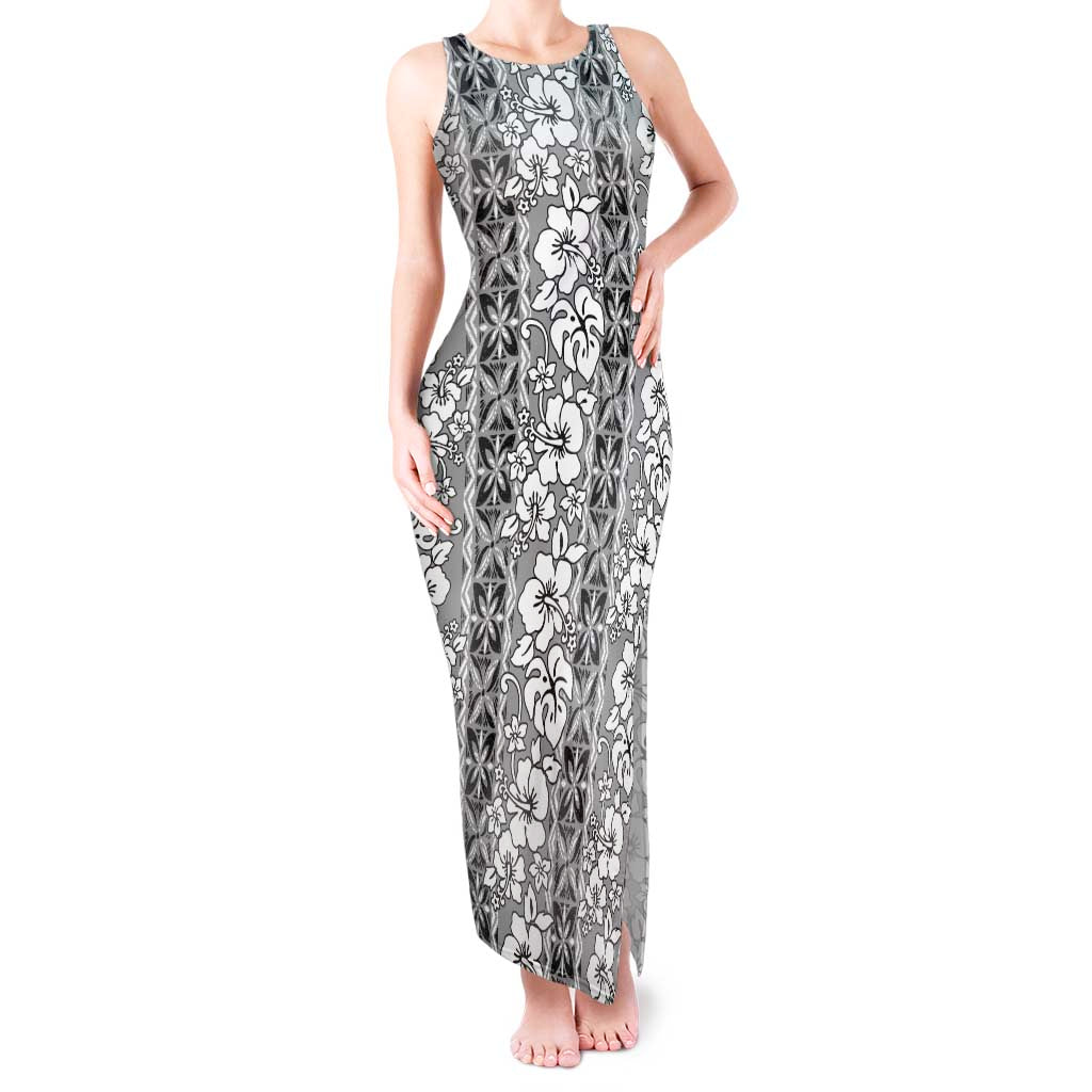 Hawaii Vintage Gray Hibiscus Tapa Pattern Tank Maxi Dress