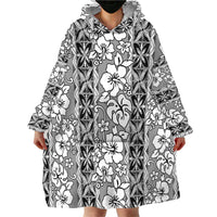 Hawaii Vintage Gray Hibiscus Tapa Pattern Wearable Blanket Hoodie