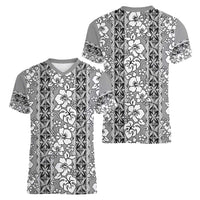 Hawaii Vintage Gray Hibiscus Tapa Pattern Women V-Neck T-Shirt