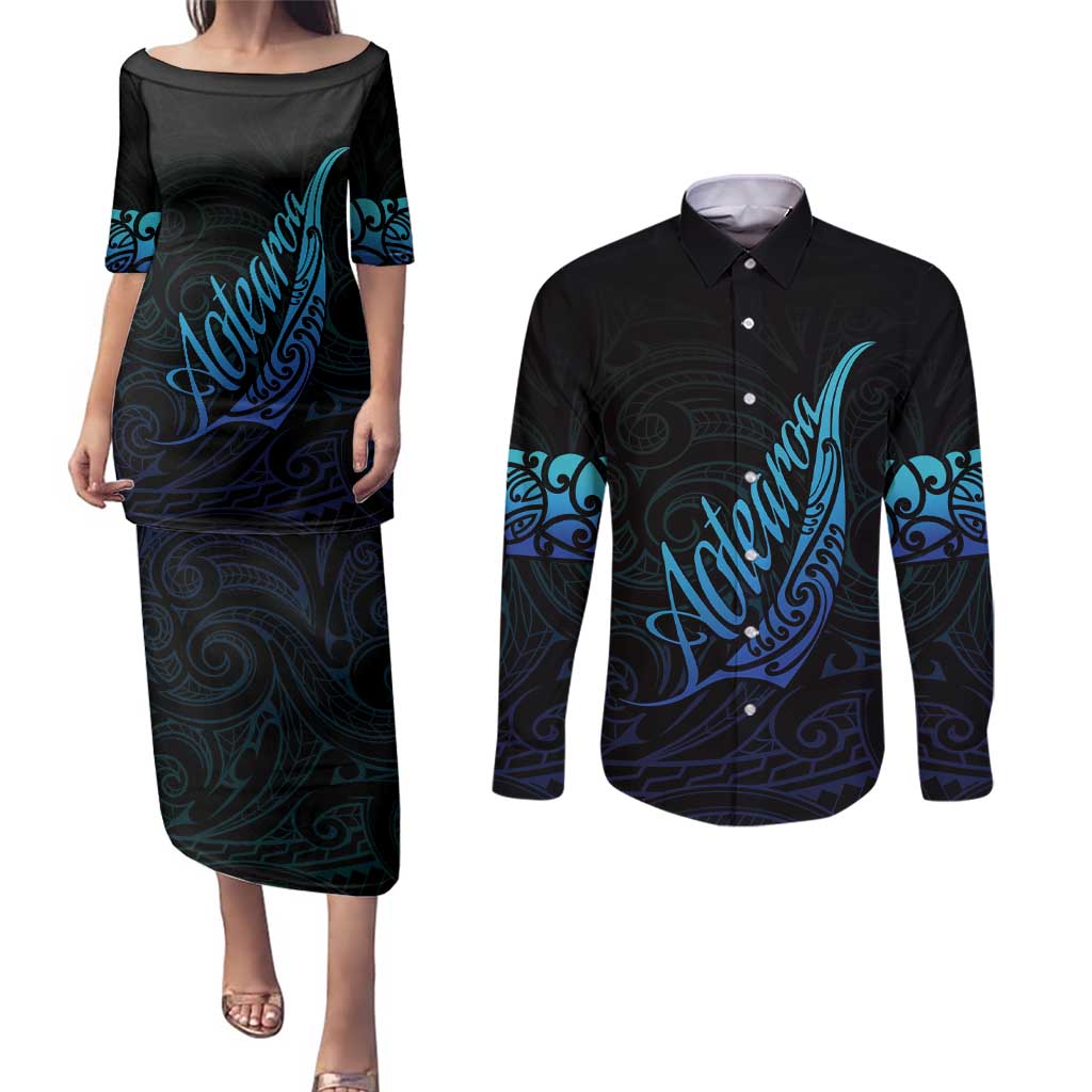 Aotearoa New Zealand Couples Matching Puletasi and Long Sleeve Button Shirt Koru Fern Blue Gradient LT05 Blue - Polynesian Pride
