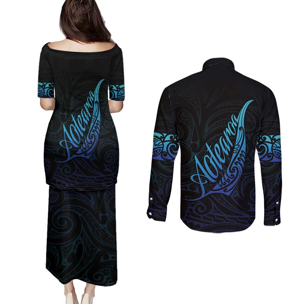 Aotearoa New Zealand Couples Matching Puletasi and Long Sleeve Button Shirt Koru Fern Blue Gradient LT05 - Polynesian Pride