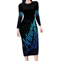 Aotearoa New Zealand Family Matching Long Sleeve Bodycon Dress and Hawaiian Shirt Koru Fern Blue Gradient LT05 Mom's Dress Blue - Polynesian Pride