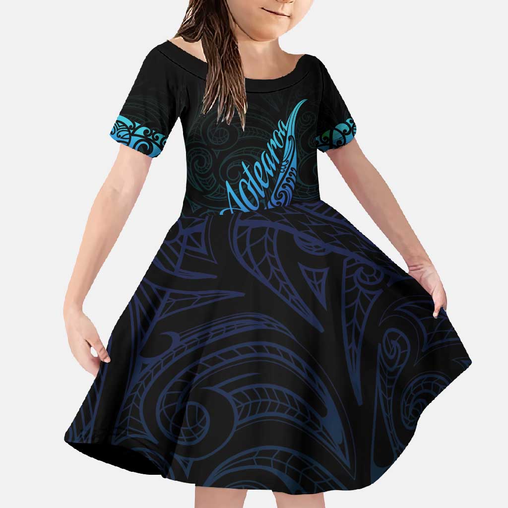 Aotearoa New Zealand Family Matching Off Shoulder Maxi Dress and Hawaiian Shirt Koru Fern Blue Gradient LT05 Daughter's Dress Blue - Polynesian Pride