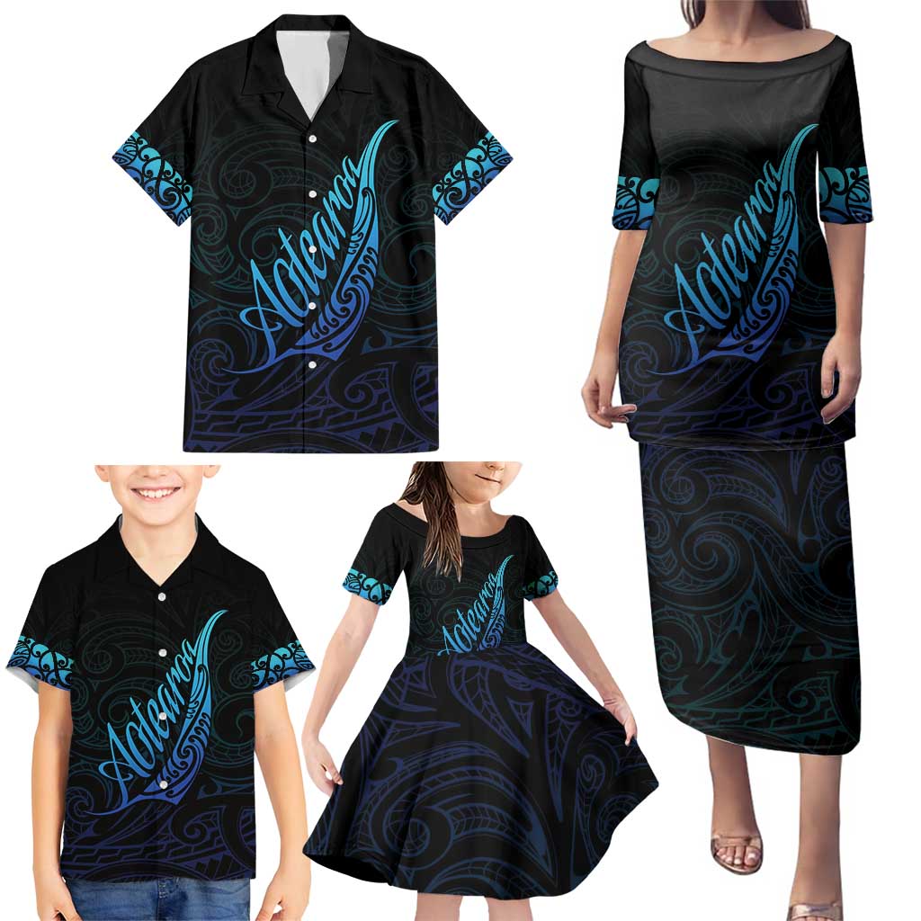 Aotearoa New Zealand Family Matching Puletasi and Hawaiian Shirt Koru Fern Blue Gradient LT05 - Polynesian Pride