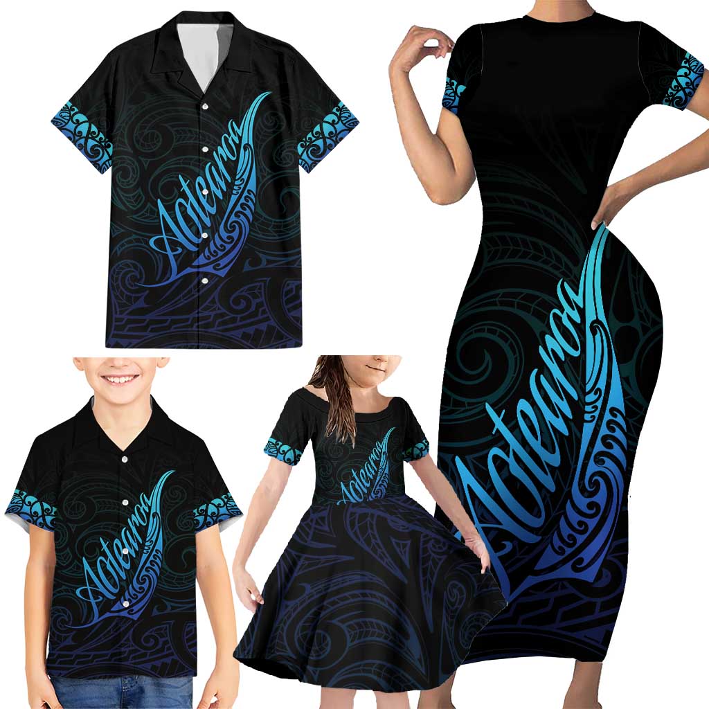 Aotearoa New Zealand Family Matching Short Sleeve Bodycon Dress and Hawaiian Shirt Koru Fern Blue Gradient LT05 - Polynesian Pride