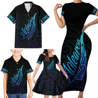 Aotearoa New Zealand Family Matching Short Sleeve Bodycon Dress and Hawaiian Shirt Koru Fern Blue Gradient LT05 - Polynesian Pride