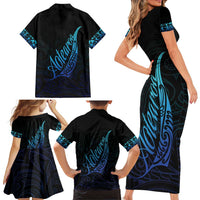 Aotearoa New Zealand Family Matching Short Sleeve Bodycon Dress and Hawaiian Shirt Koru Fern Blue Gradient LT05 - Polynesian Pride