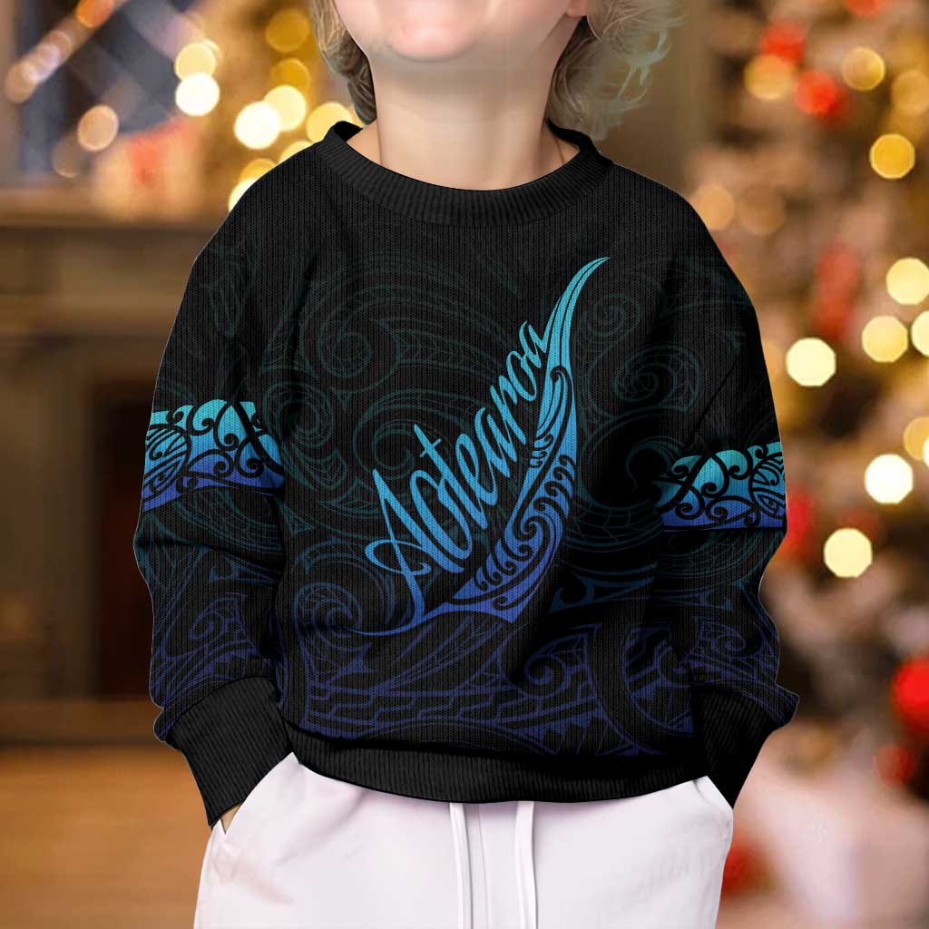 Aotearoa New Zealand Kid Ugly Christmas Sweater Koru Fern Blue Gradient