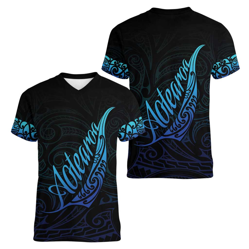 Aotearoa New Zealand Women V-Neck T-Shirt Koru Fern Blue Gradient
