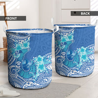 Hawaii Discoverers Day Laundry Basket Polynesian Fish Hook With Hibiscus Blue