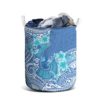 Hawaii Discoverers Day Laundry Basket Polynesian Fish Hook With Hibiscus Blue