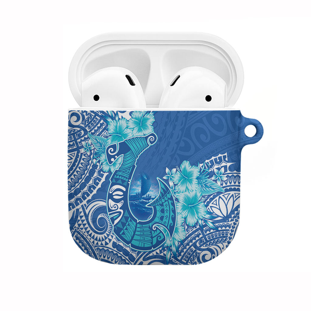 Hawaii Discoverers Day AirPods Case Polynesian Fish Hook With Hibiscus Blue LT05 Blue - Polynesian Pride