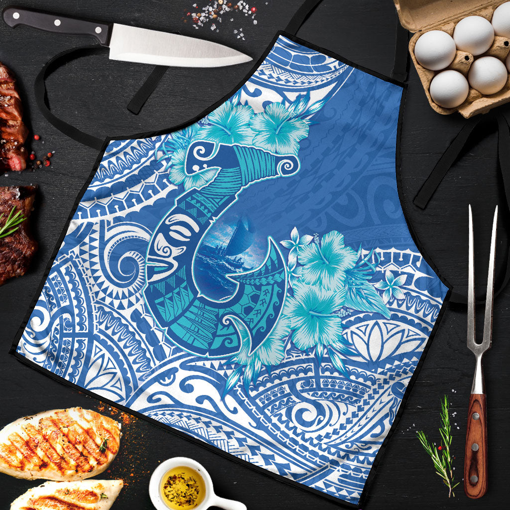 Hawaii Discoverers Day Apron Polynesian Fish Hook With Hibiscus Blue