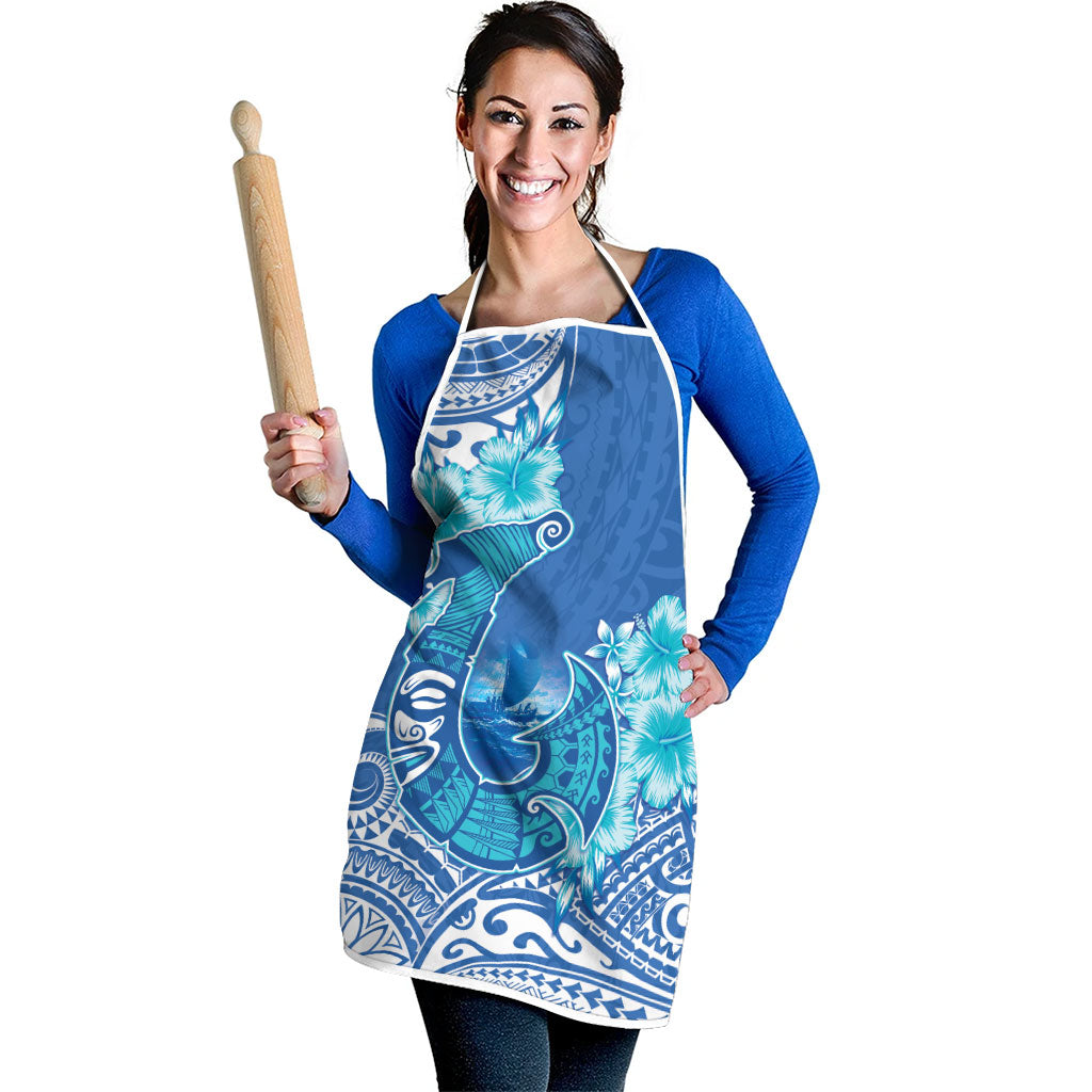 Hawaii Discoverers Day Apron Polynesian Fish Hook With Hibiscus Blue