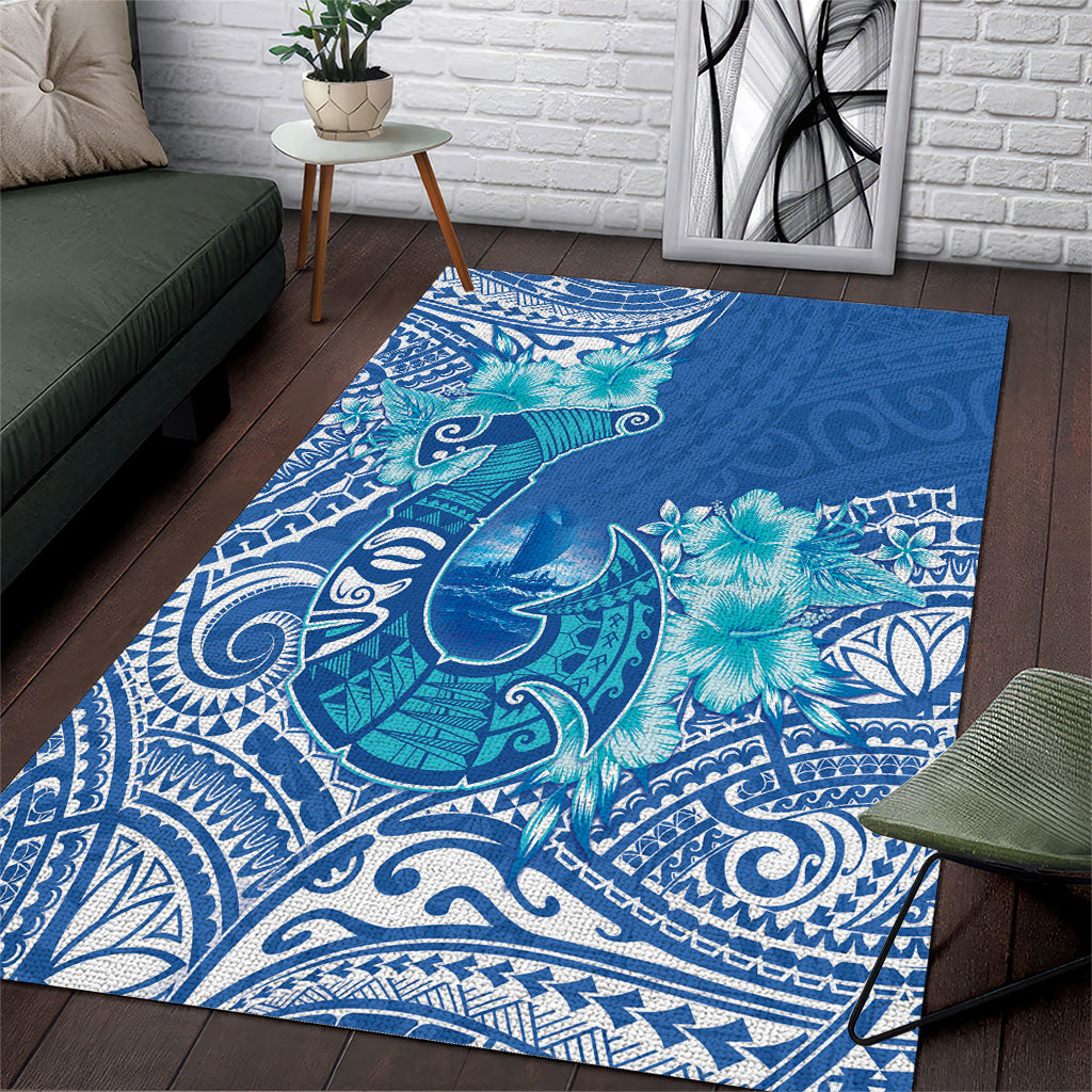 Hawaii Discoverers Day Area Rug Polynesian Fish Hook With Hibiscus Blue