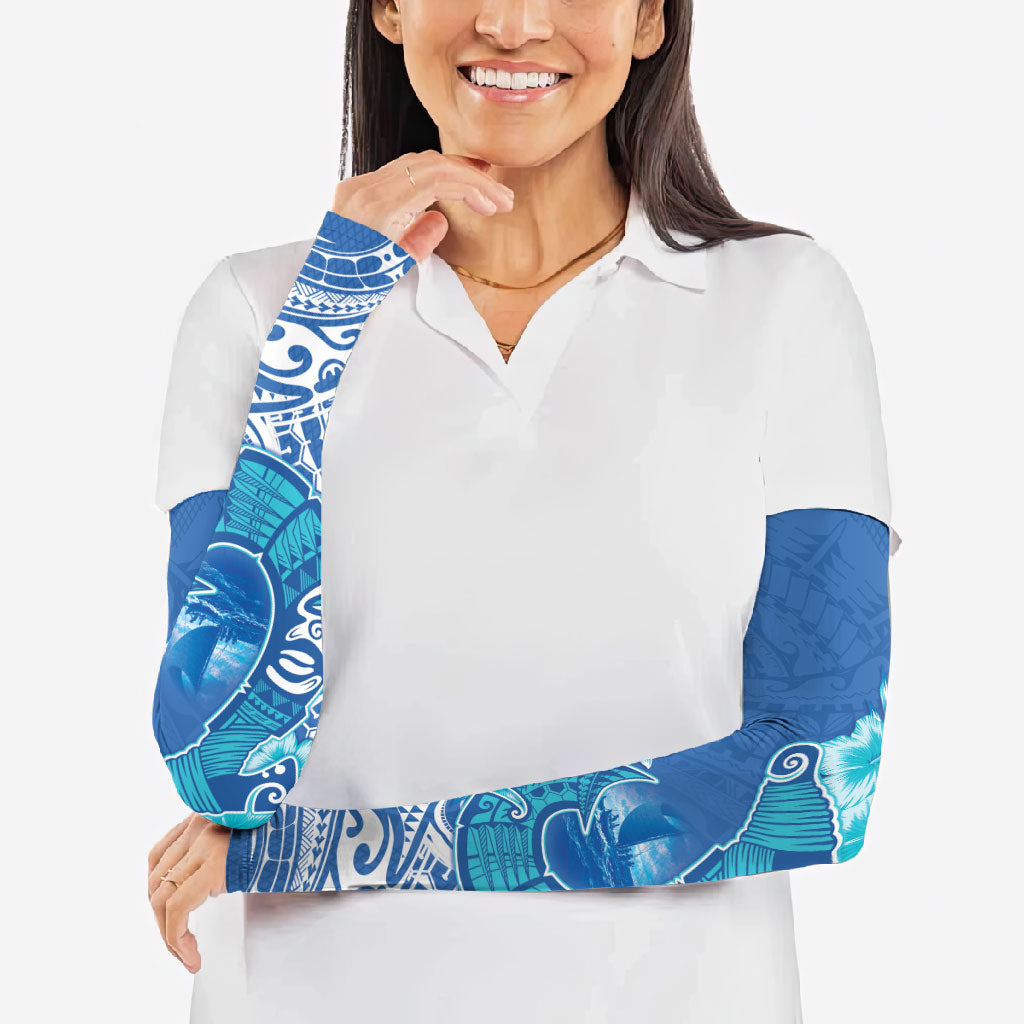 Hawaii Discoverers Day Arm Sleeves Polynesian Fish Hook With Hibiscus Blue LT05 - Polynesian Pride