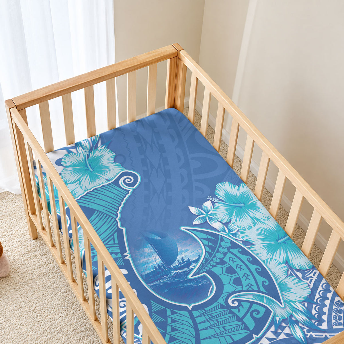 Hawaii Discoverers Day Baby Bed Cover Polynesian Fish Hook With Hibiscus Blue LT05 - Polynesian Pride